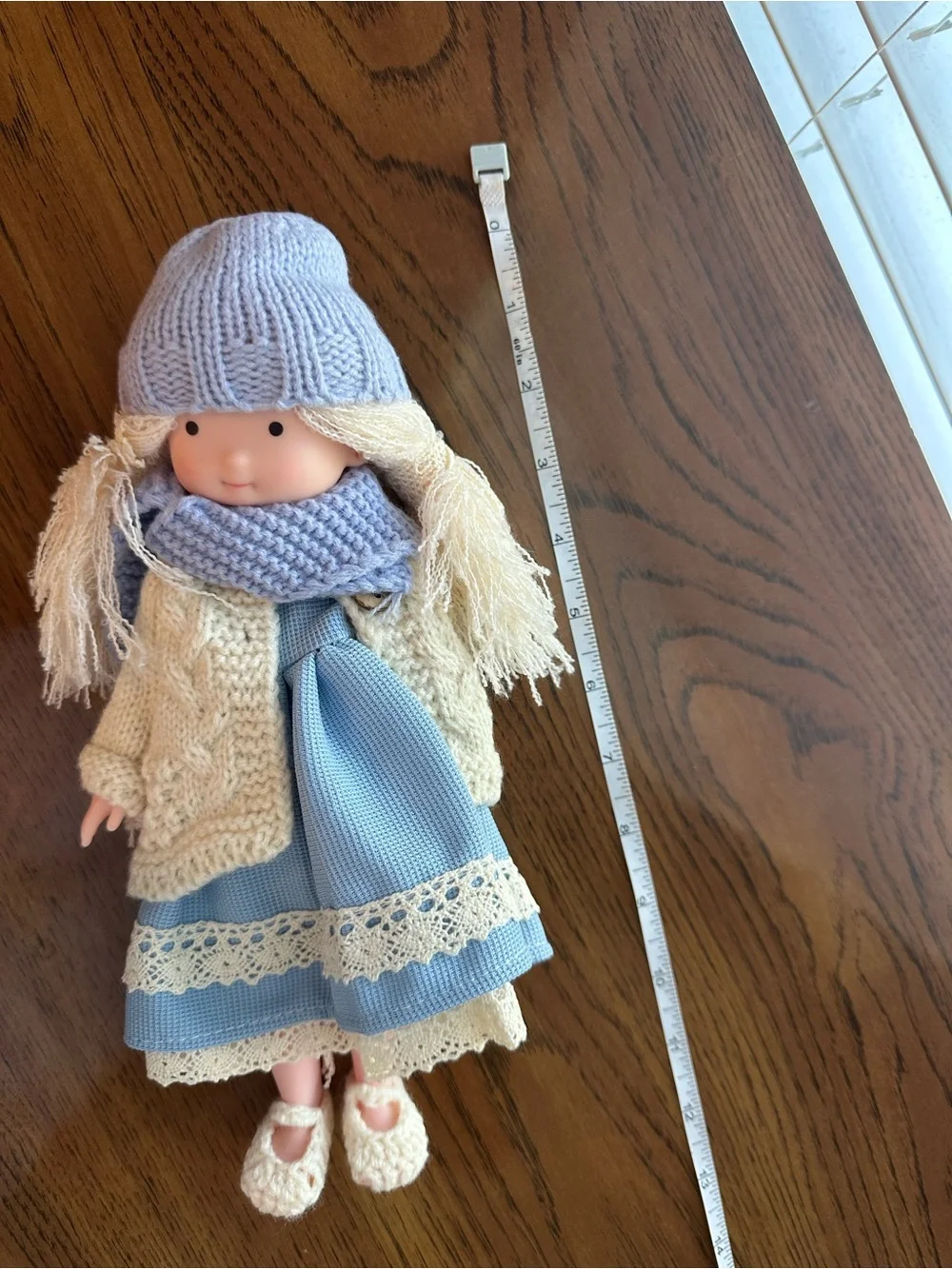 Girl Doll with Blue Knitted Accessories & Lace